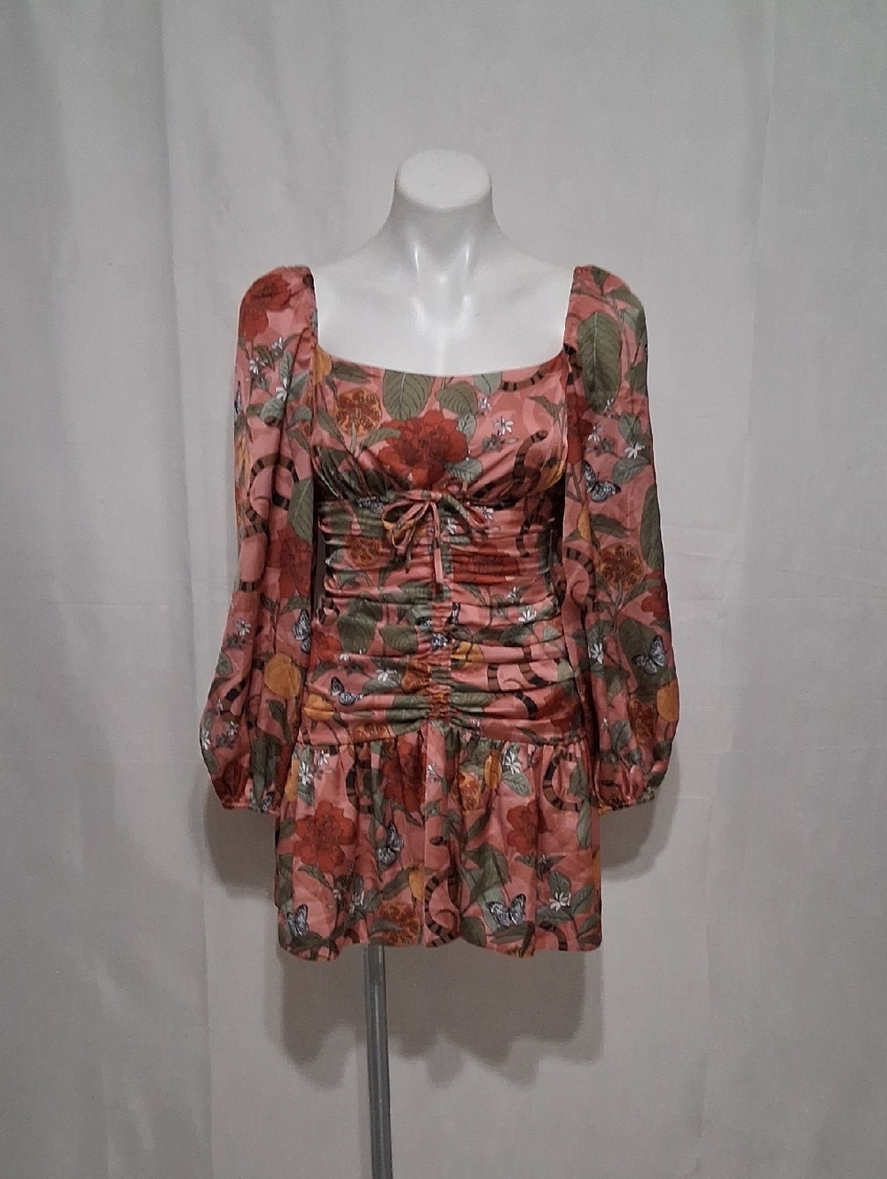 Finders Keepers Elisa Ruched Mini Dress XS Tropical Puff Sleeve Square Neck